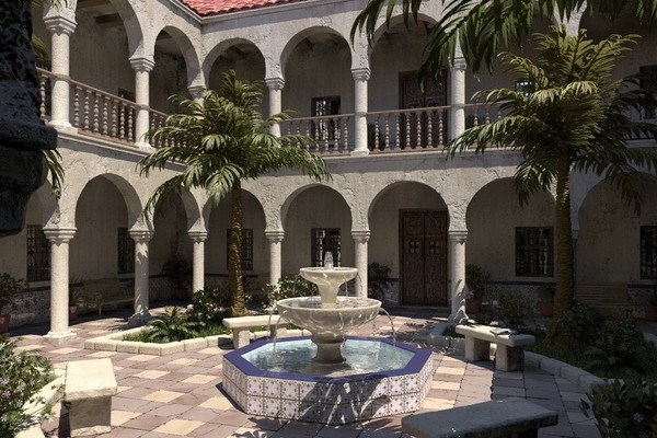 Modern Spanish Patio traditional elements central fountain