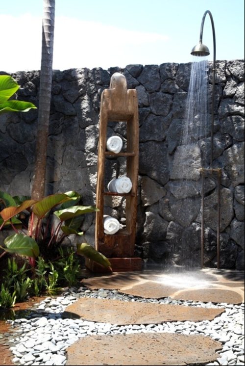 Pebble stone path stone wall outdoor shower