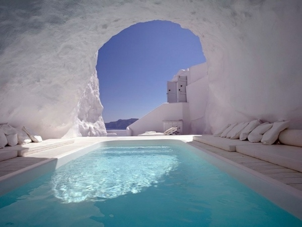 Santorini Greece pool cave and white walls
