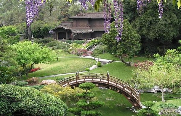 Stunning Japanese garden bridge over creek green lawn