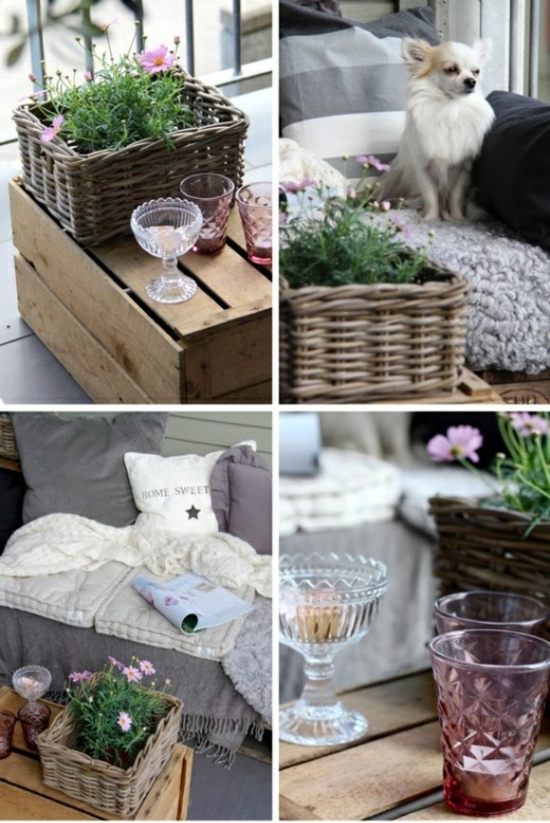 Wooden crate table plants summer balcony decoration
