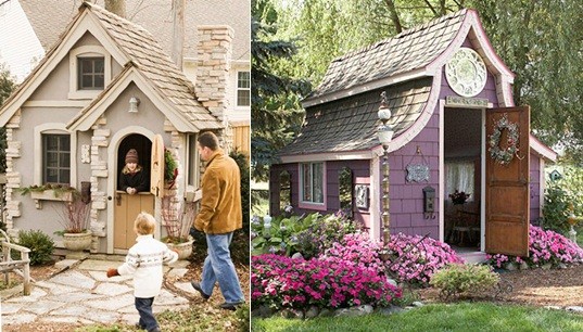 Wooden kids playhouse garden purple colors