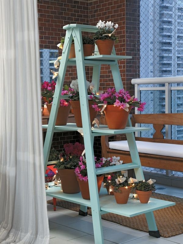 balcony decorating ideas DIY flower stand old ladder