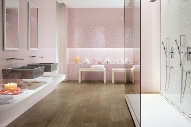 bathroom wall tiles pink mosaic mirror effect 