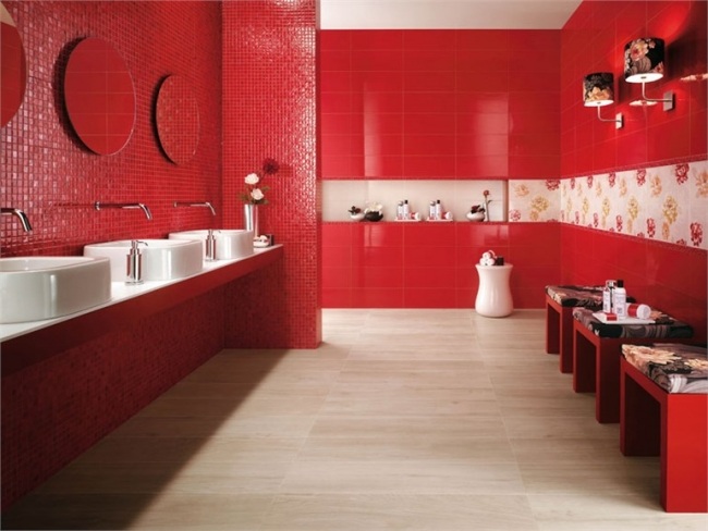 bathroom wall tiles red white mosaic floral motifs
