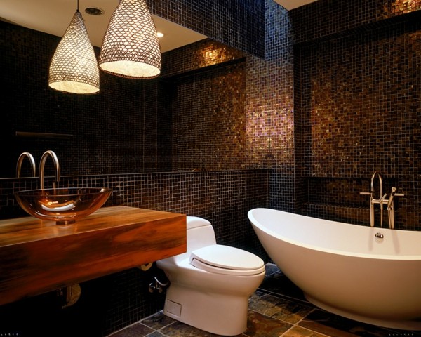 brown modern bathtub mosaic tiles