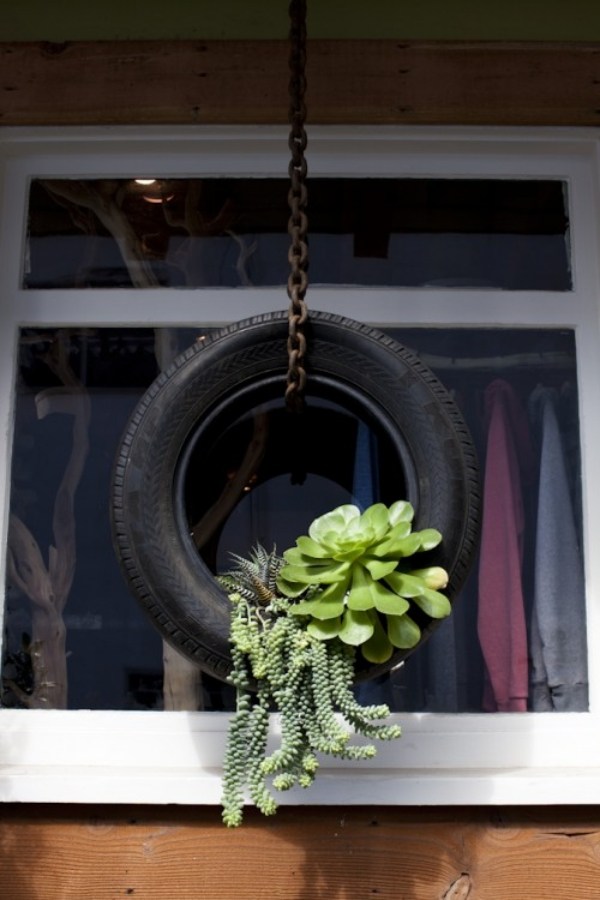 car tires hanging plant ideas for DIY flower pots