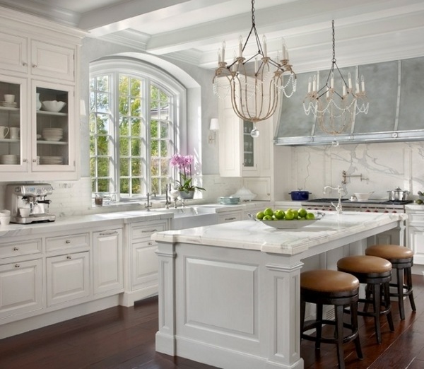 classic-kitchen-white-marble countertops chandelier