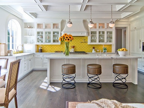eclectic kitchen design white bar yellow backsplash