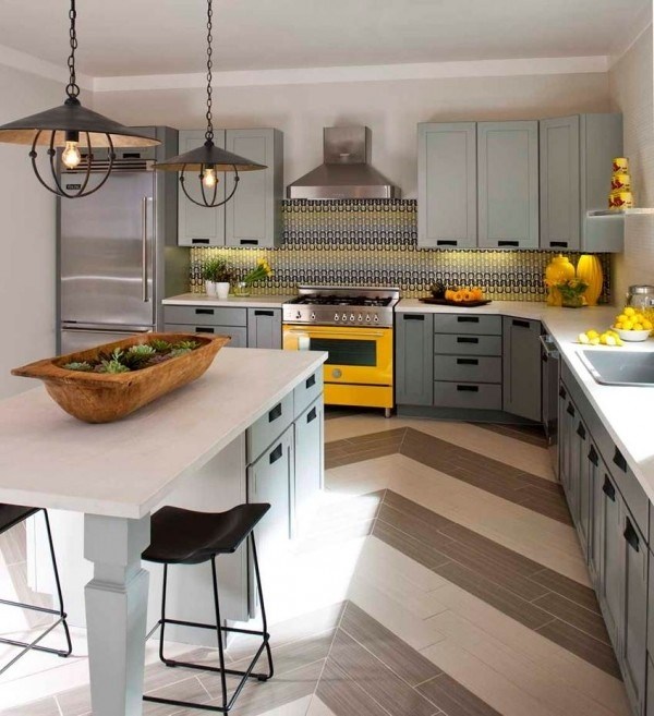 eclectic-kitchen-gray yellow wood wrought iron