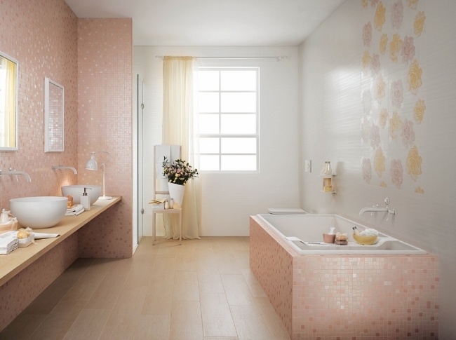 feminine bathroom design pink color tiles 