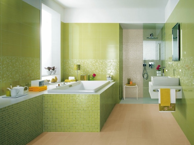 green bathroom bathtub mosaic floral