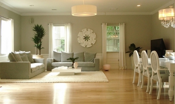 spacious white living room dining area
