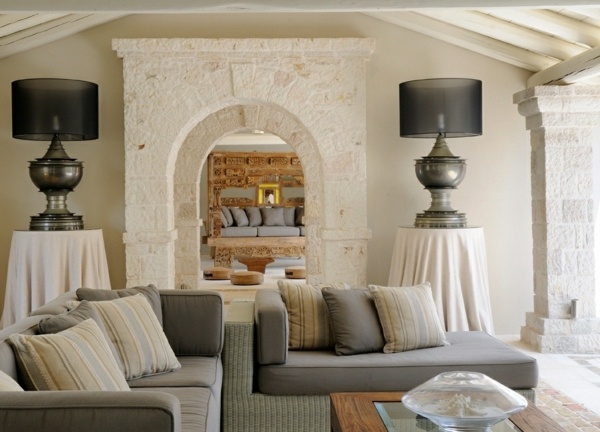 living room Mediterranean design gray sofa floor lamps