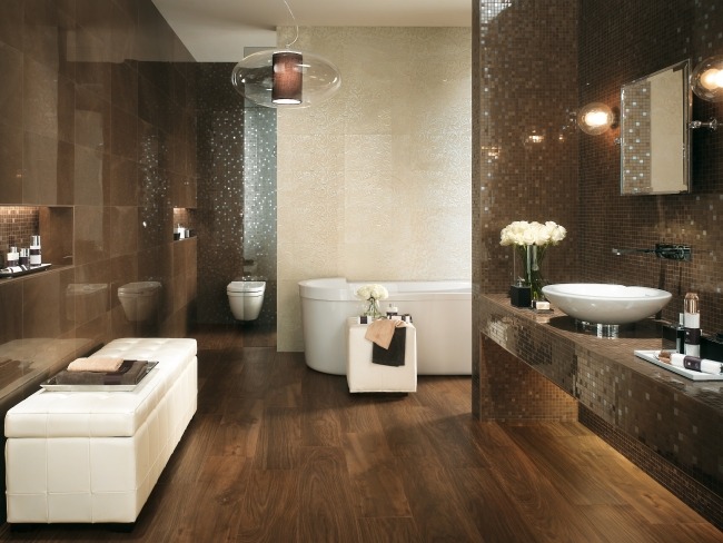 luxury bathroom tiles beige brown mosaic mirror effects