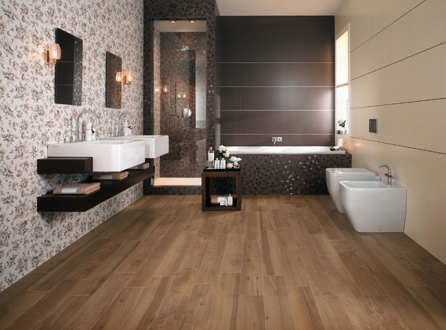 modern bathroom design wooden floor effect brown white tiles