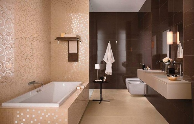 modern bathroom tiles brown gold mosaic bathtub