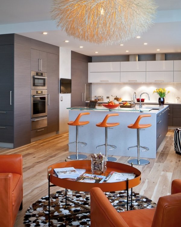 modern eclectic kitchen blue cooking island orange bar stools