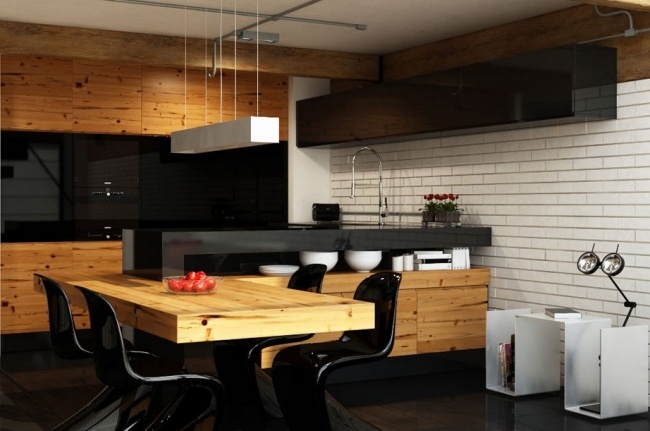 modern kitchen wooden dining table black kitchen cabinets 