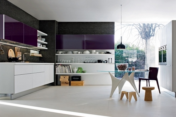 modern purple kitchen top cabinets white open shelves