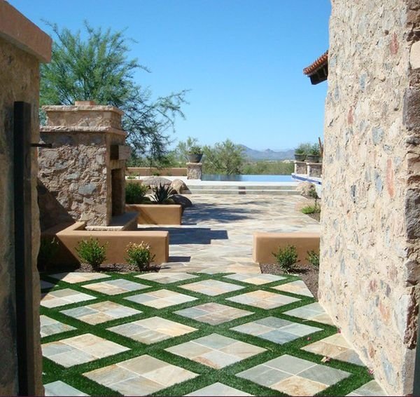 patio design ideas floor grass between tiles