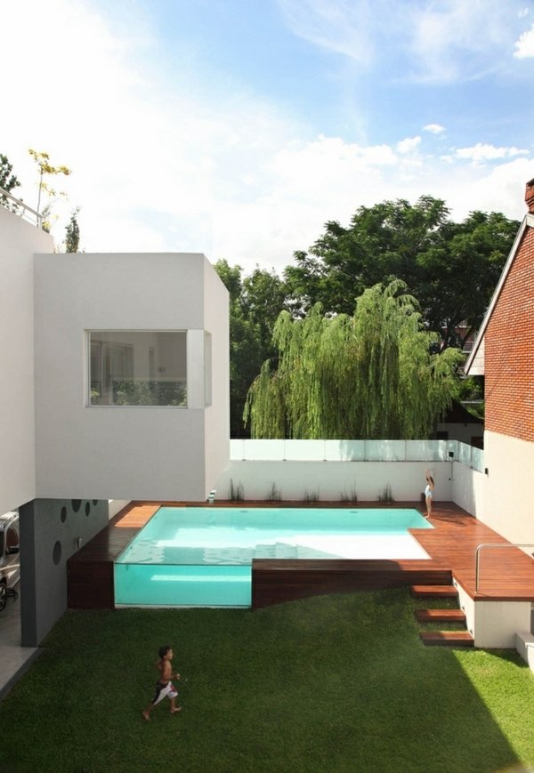 patio pool wooden deck glass