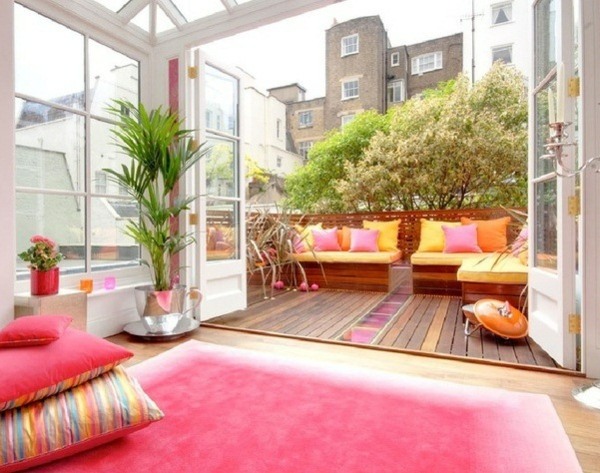 pink carpet wooden tiles balcony design ideas