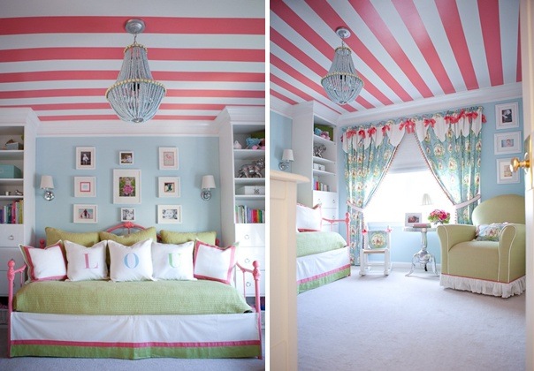 pink stripes on the ceiling girl teen room