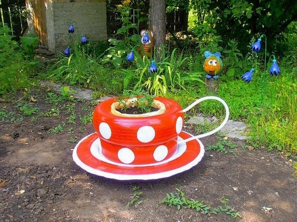 recycle car tires garden decor coffee cup flower bed