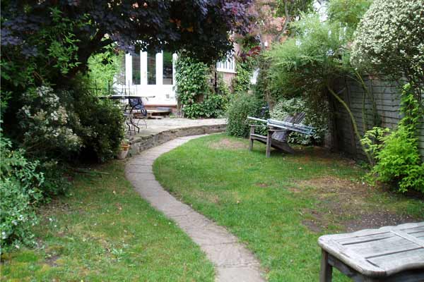 bench lawn garden path