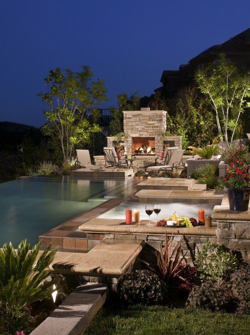 spa jacuzzi swimming pool garden stone fireplace