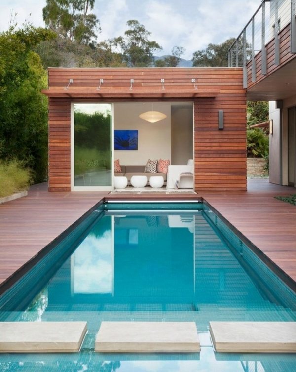 modern garden pool stone path wooden deck