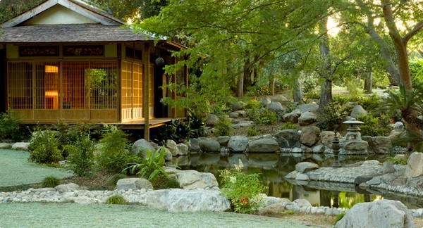 traditional Japanese garden river rocks garden house