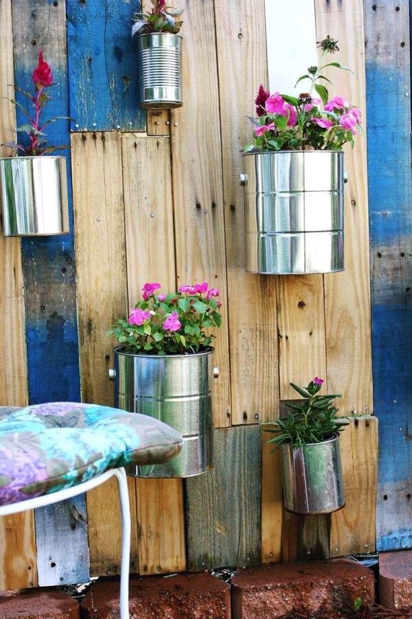 vertical garden from wooden pallets hanging pots