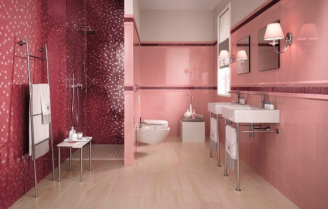 wall tiles bathroom design pink red mosaic