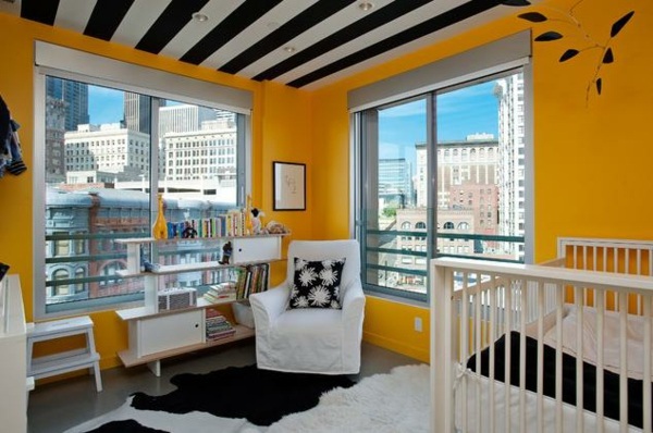 yellow-walls-black-white-stripes-on-the-ceiling