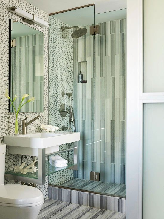 Bathroom tiles ideas linear mosaic white gray glass shower