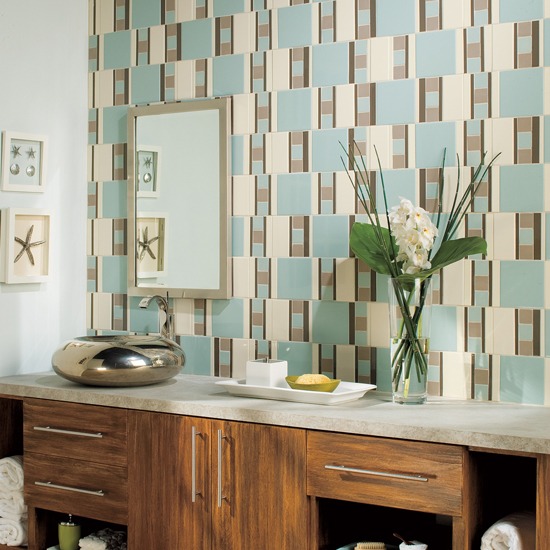 Bathroom tiles wooden cabinet beige light blue 