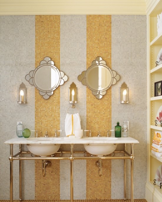 Bathroom tiles designs and ideas mosaic stripes yellow wall mirror