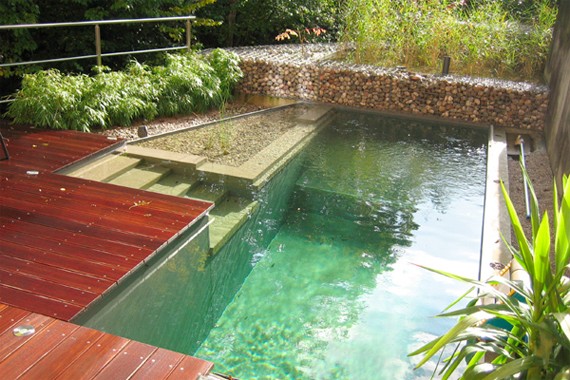 Bio swimming pond garden different levels stairs