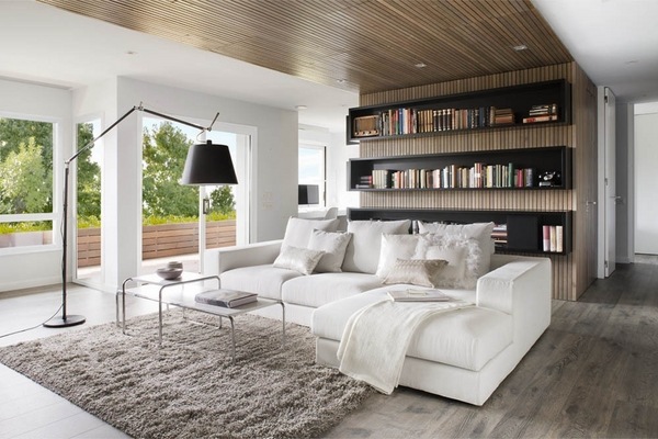 Contemporary home interior design floor lamp white furniture large windows