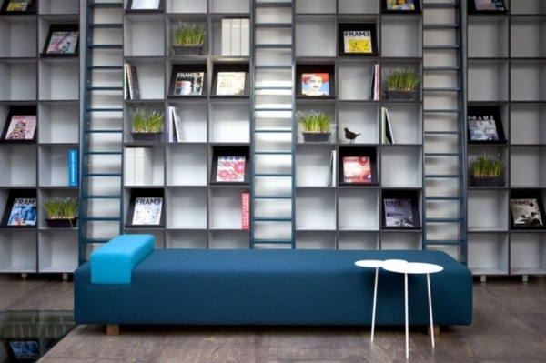 Reading corner blue sofa bookshelf designs