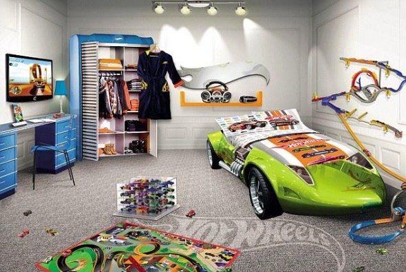 Sports car green bed design kids room