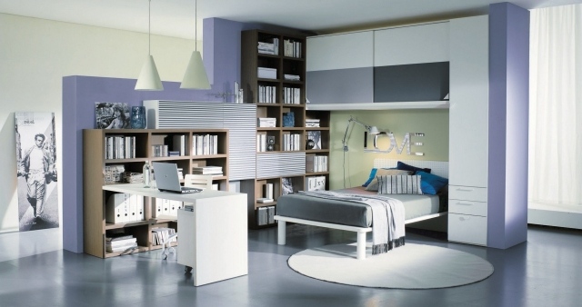 Teen rooms for boys blue gray background light furniture