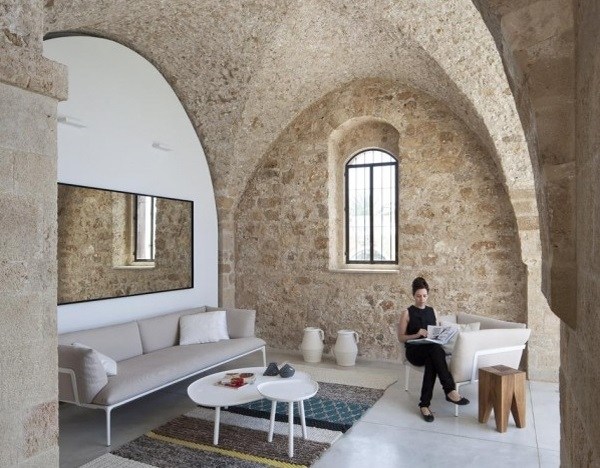 arched stone ceiling design stone walls contemporary furniture