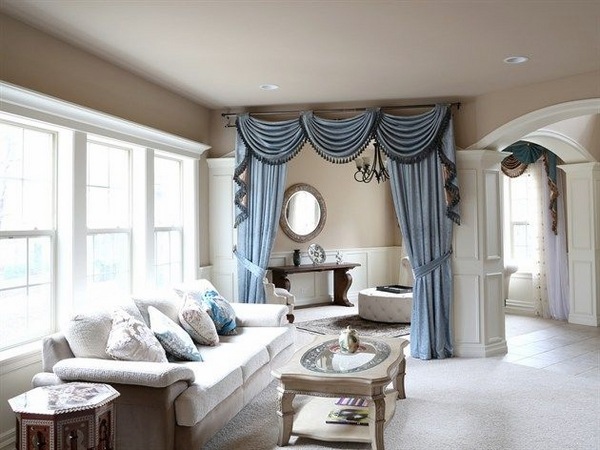 blue swag curtains white living room furniture