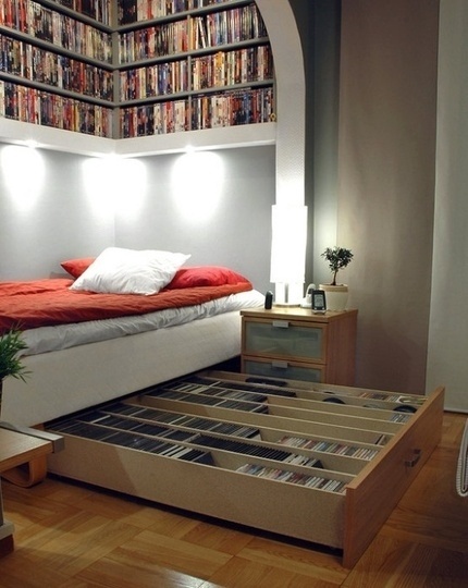 bed with wooden drawer book storage
