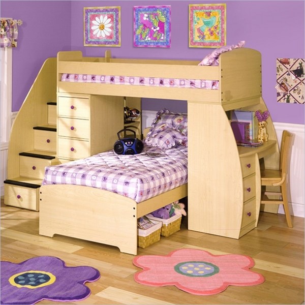bunk beds for girls with stairs light wood purple wall color