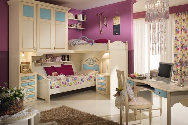 colors in girls room pink purple walls wooden cabinet bed