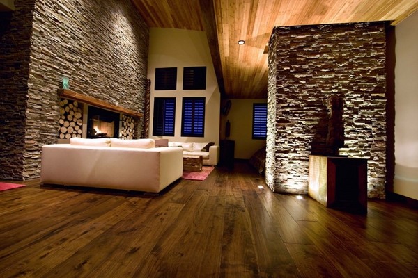 contemporary home interior design natural materials stone wall 
